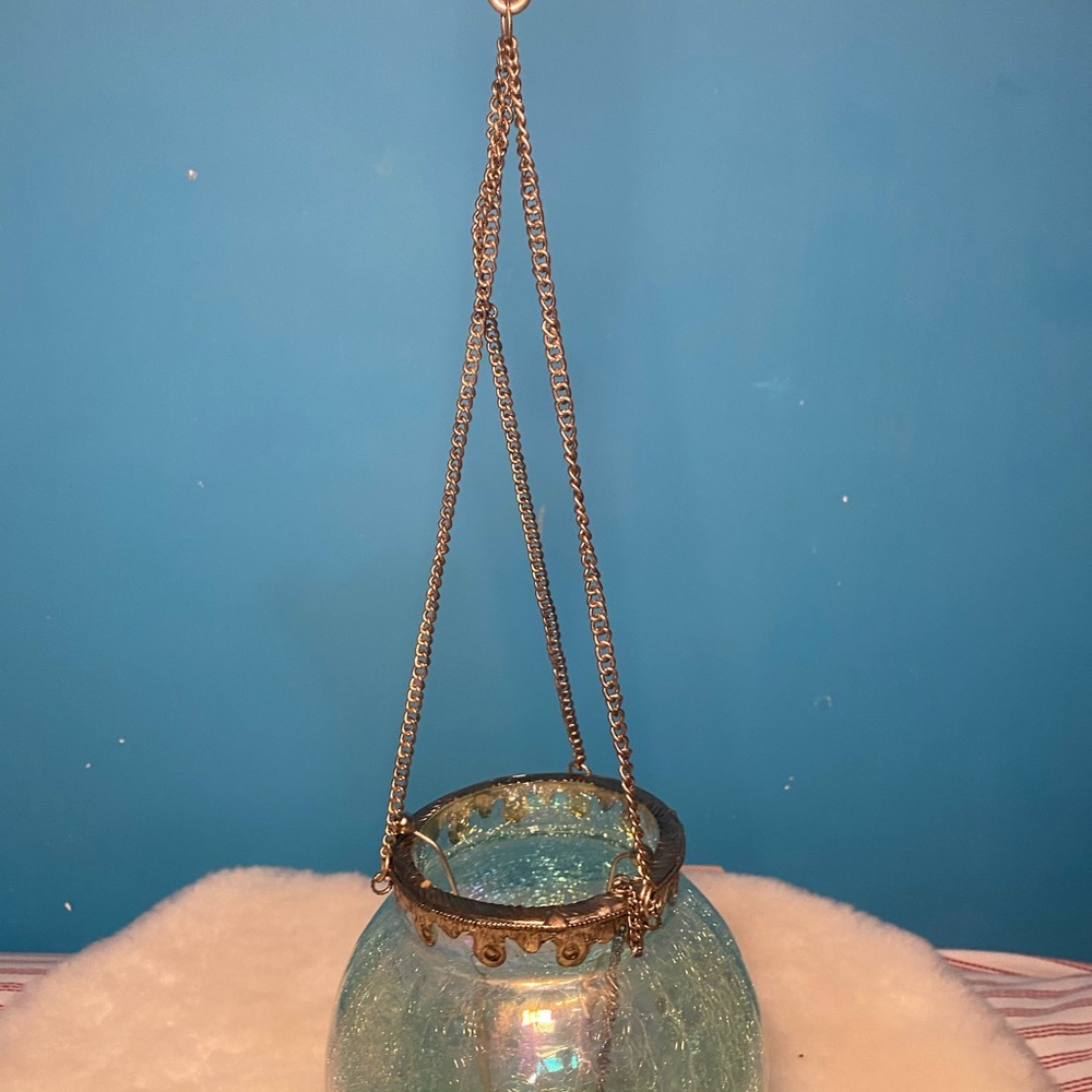 Hanging Lantern Irridescent Blue (green) crake Glass Moroccan Style - Picture 3 of 10